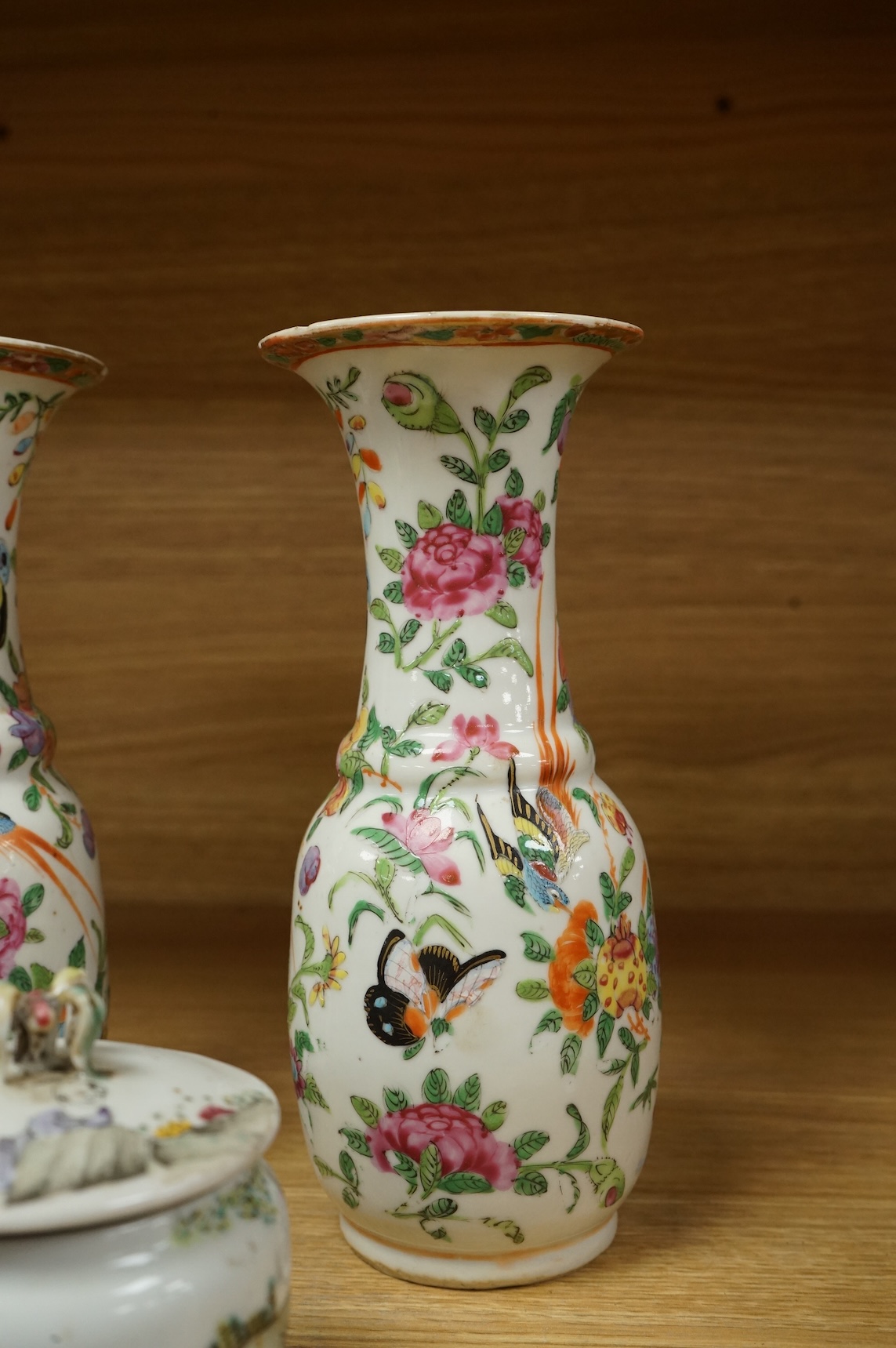 A Chinese 'Thousand Flower' jar, two famille rose vases, and a Republic period jar and cover, largest 19cm high